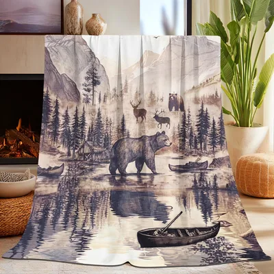 Vintage Forest Lake Bears Blanket: Rustic Cabin Scene with Wildlife