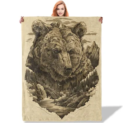 Bear on Mountain Sketch Blanket: Wild Grizzly Art for Nature Lovers