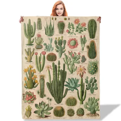 Vintage Cactus Botanical Chart Blanket features a grid