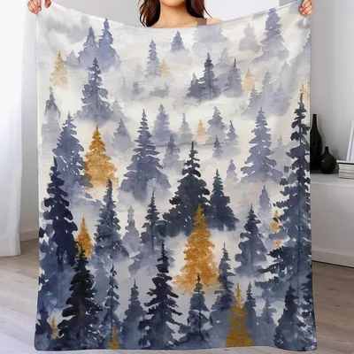 Watercolor Pine Forest Pattern Blanket: Misty Blue and Gold Trees