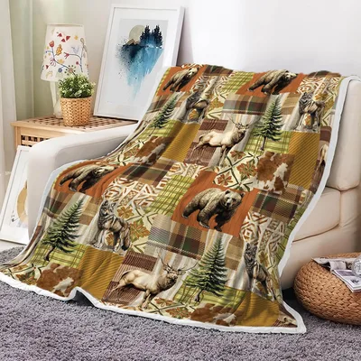 Bears and Deer Forest Pattern Blanket featuring rustic plaid patches