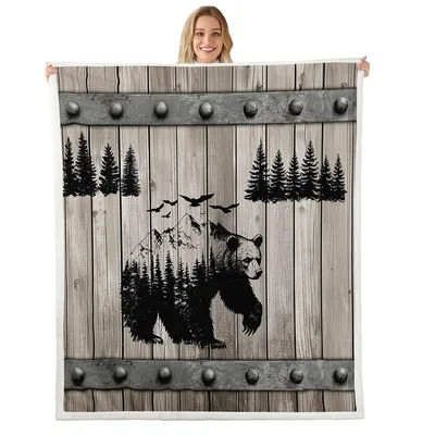 Bear Forest Rustic Scene Blanket: Woodland Bear and Pine Tree Design