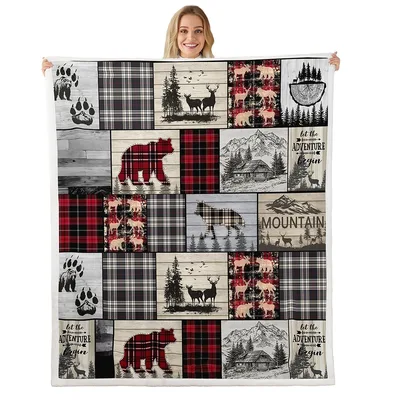 Rustic Cabin Bear Deer Patchwork Blanket: Woodland Plaid Design