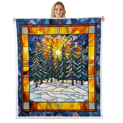 Stained Glass Pine Trees Blanket: Winter Sunrise Art Design