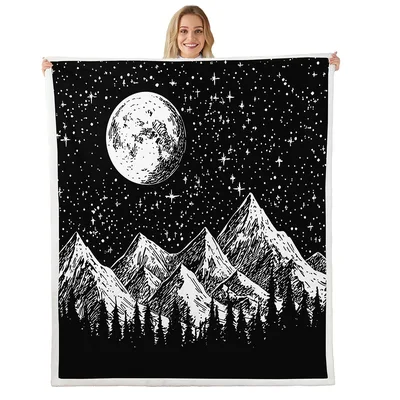 Sun Moon Mountain Night Blanket: Black and White Skyline Design