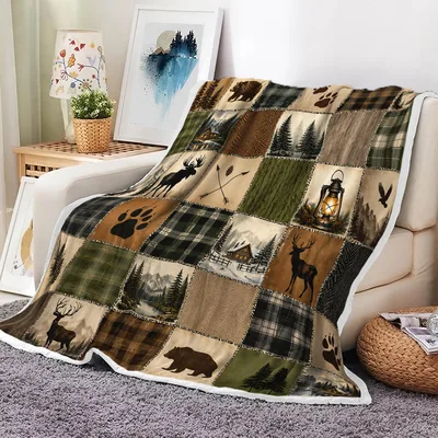 Rustic Cabin Deer Bear Moose Blanket: Patchwork Wildlife Design