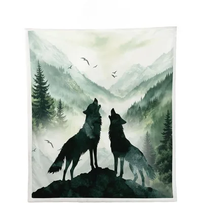 Misty Forest Wolves Landscape Blanket featuring two howling wolves