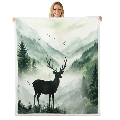 Misty Forest Deer Landscape Blanket: Woodland Art for Cabin Living