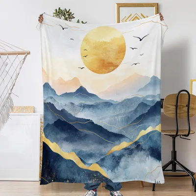 Watercolor Mountain Sunset Landscape Blanket for Nature Lovers