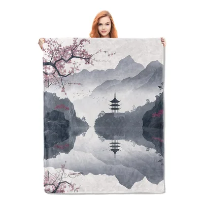 Watercolor Cherry Blossom Landscape Blanket featuring a serene pagoda