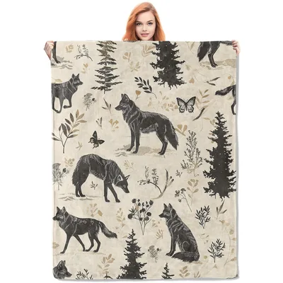Wolves and Pine Trees Blanket: Forest Wildlife Pattern Throw