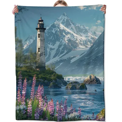 Lighthouse Mountain Lake View Blanket featuring a scenic lighthouse