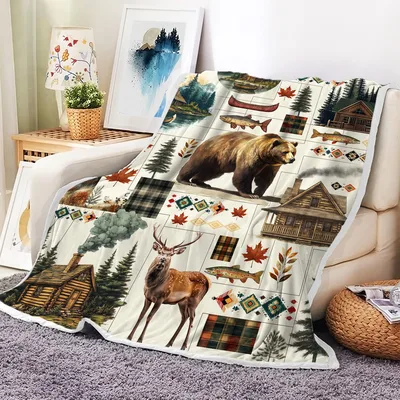 Bear and Deer Cabin Blanket: Rustic Patchwork Design for Nature Lovers