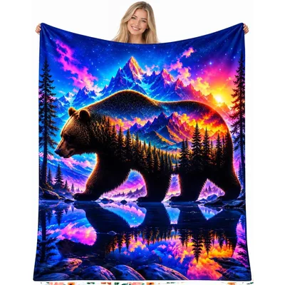 Bear Aurora Mountain Landscape Blanket