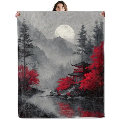 Pagoda Moon Mountain Landscape Blanket: Serene Red Temple Scene