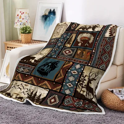 Rustic Cabin Woodland Pattern Blanket featuring a patchwork of bears