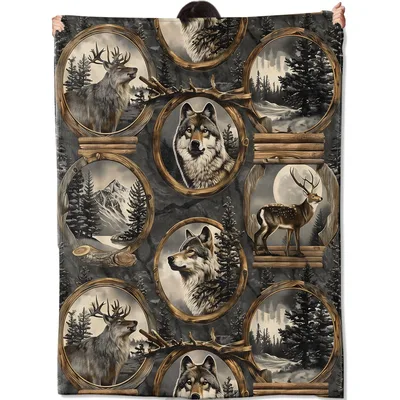 Rustic Wolf and Deer Blanket: Wildlife Portraits in Wooden Frames