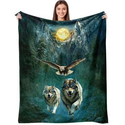 Eagle and Wolves Under Blanket: Wild Forest Moon Design