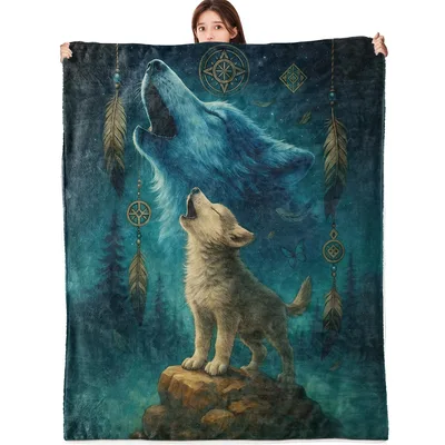 Howling Wolf with Dreamcatcher Blanket: Mystical Forest Art
