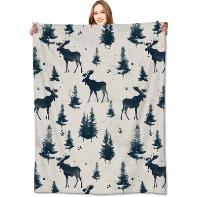 Moose and Pine Trees Blanket: Retro Wildlife Pattern for Cabin Lovers