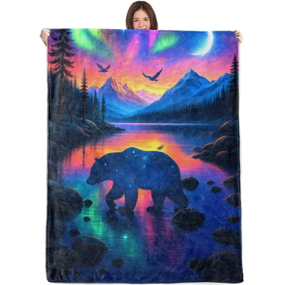 Bear Under Aurora Lake Blanket: Cosmic Bear in a Night Sky Landscape