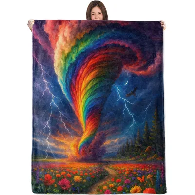 Rainbow Tornado Over Meadow Blanket: Fantasy Storm Art
