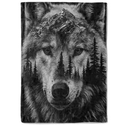 Wolf Face Forest Silhouette Blanket features a monochrome