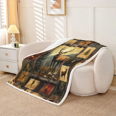 Rustic Cabin Deer Scene Blanket featuring a patchwork-style stag