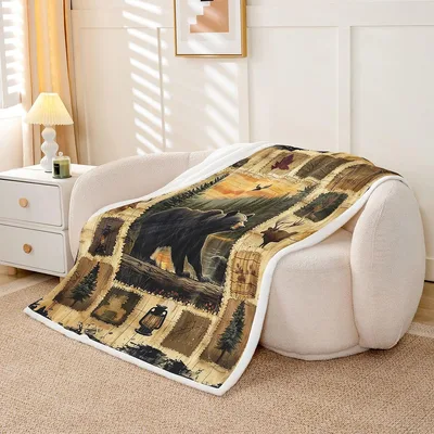Bear Wildlife Forest Pattern Blanket: Rustic Cabin Bear Design