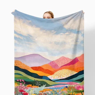 Colorful Mountain Landscape Blanket: Abstract Wildflower Hills Design