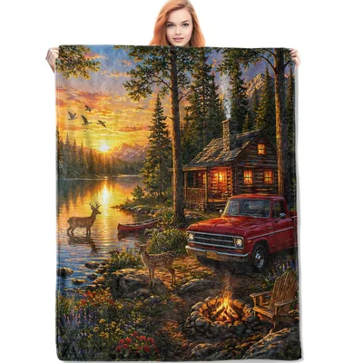Rustic Cabin Lake Sunset Blanket: A Cozy Wild Retreat