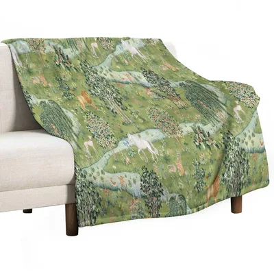 Vintage Forest Flower Pattern Blanket featuring retro horses