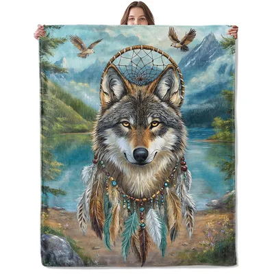 Wolf Dreamcatcher Mountain Lake Blanket: Tribal Wolf Art with Feathers