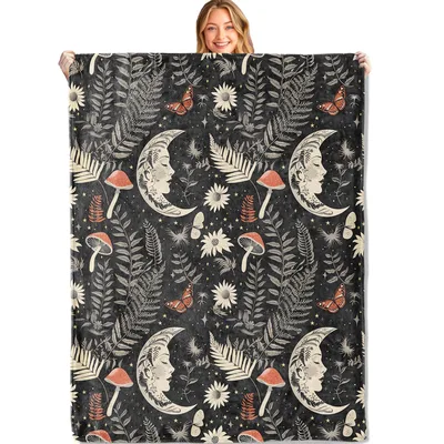 Mystical Moon Forest Pattern Blanket: Celestial Moons and Ferns