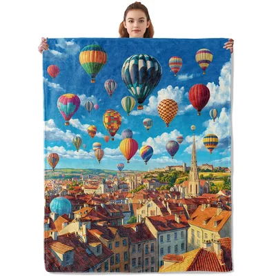 Hot Air Balloons Over Blanket: A Skyward Cityscape Design