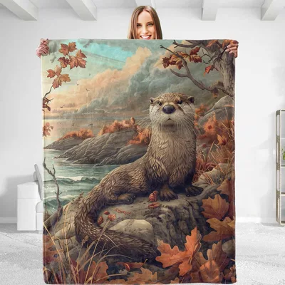 Otters on Autumn Riverbank Blanket: A Realistic Otter on a Rocky Shore