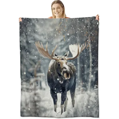 Moose in Snowy Forest Blanket: Winter Wildlife Art for Nature Lovers