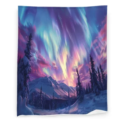 Aurora Borealis Mountain Landscape Blanket: Northern Lights Art