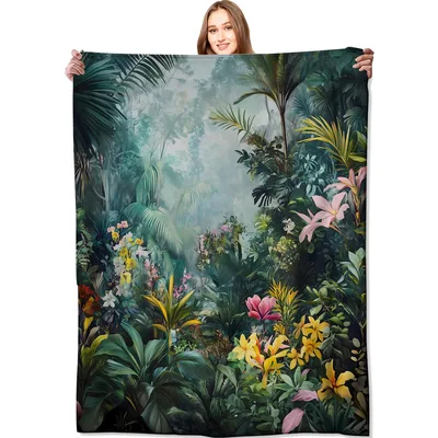 Tropical Forest Botanical Flowers Blanket featuring lush green palms