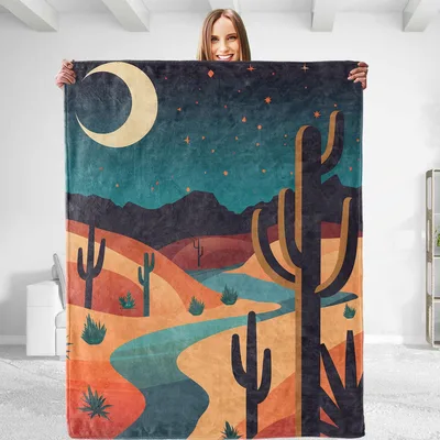 Desert Cactus Night Landscape Blanket