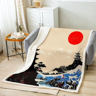 Japanese Sunset Mount Fuji Blanket: Ukiyoe Pagoda and Waves