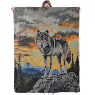 Wolf on Rocky Cliff Blanket: Majestic Wolf Artwork for Nature Lovers