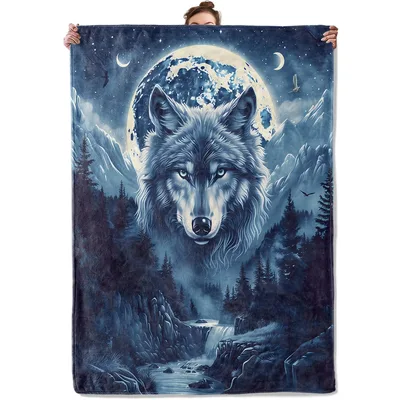 Wolf Moonlit Night Mountains Blanket