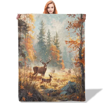 Deer in Autumn Forest Blanket: Rustic Wildlife Scene for Nature Lovers