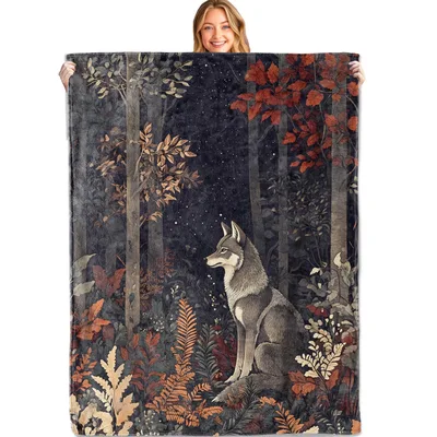 Wolf in Autumn Forest Blanket No. 2: A Serene Woodland Scene