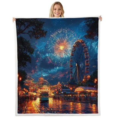 Fireworks Over Ferris Wheel Blanket: Nighttime Amusement Park Scene