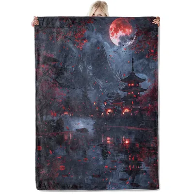 Red Moon Over Japanese Blanket: Crimson Pagoda and Lanterns