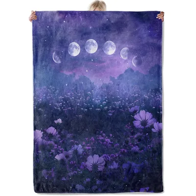 Moon Phases Purple Night Blanket: A Celestial Floral Design