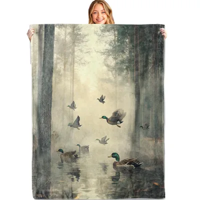 Misty Forest Flying Ducks Blanket: Woodland Mallard Scene