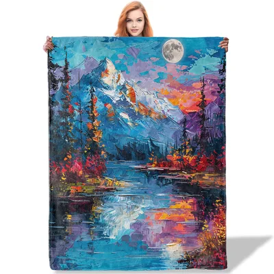 Mountain Lake Landscape at Dusk Blanket: Vibrant Oil Painting Print